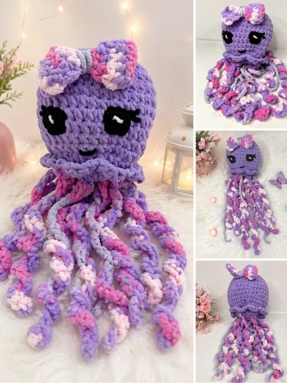 Handmade Lavender Crochet Octopus Comforter with Pink & White Accents